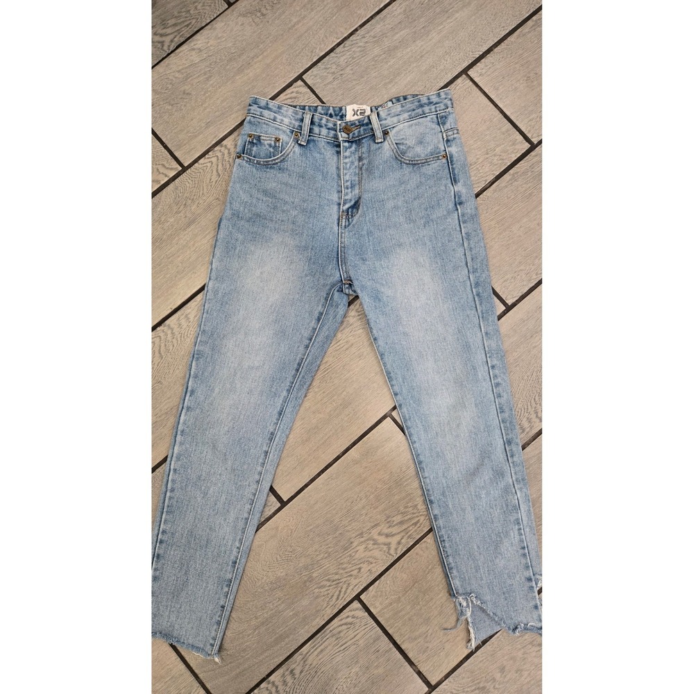X2 Light Wash High Waisted Straight Leg Jeans Distressed Step Hem Size L